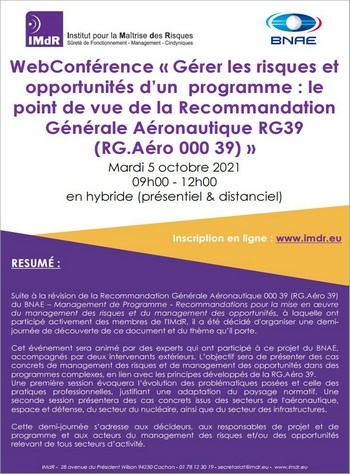 WebConférence « Gérer les risques et opportunités d'un programme : le point de vue de la Recommandation Générale Aéronautique RG39 »